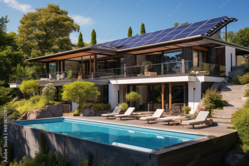 Fototapeta premium Exterior of beautiful modern house with solar panels on roof. Luxury