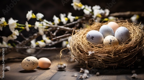 easter background - easer eggs with some twigs as decoration on a wooden