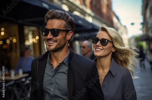 Romantic Young Couple Enjoying a Casual Walk on a City Street, Woman’s Hair Blowing in the Wind