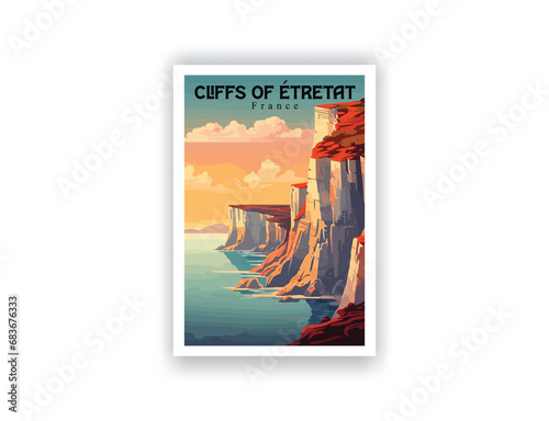 Cliffs of Étretat, France. Vintage Travel Posters. Vector illustration. Famous Tourist Destinations Posters Art Prints Wall Art and Print Set Abstract Travel for Hikers Campers Living Room Decor 