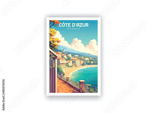C  te d Azur  France. Vintage Travel Posters. Vector illustration. Famous Tourist Destinations Posters Art Prints Wall Art and Print Set Abstract Travel for Hikers Campers Living Room Decor