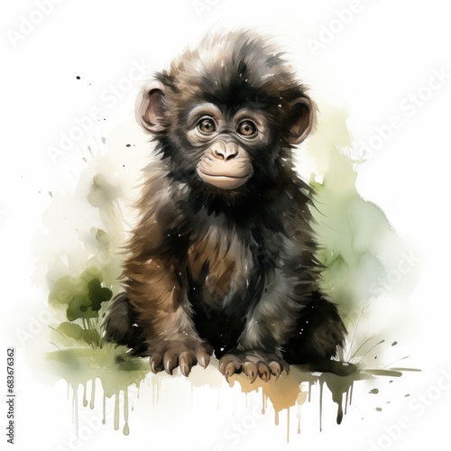Baby Gorilla Watercolor Illustration isolated background. digital illustration. Generative AI