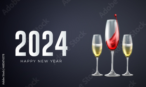 Happy New Year 2024 Greeting Card and Banner. Minimalist and Luxury New Years Eve Banner 