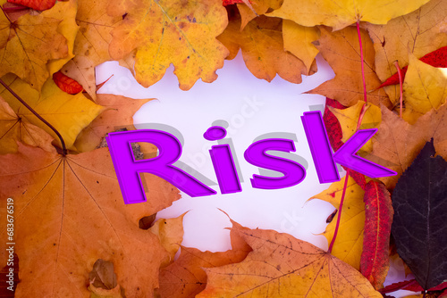 Autumn leaves, objects with Risk text. Natural patterns, color design.