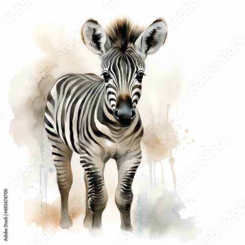 Baby Zebra Watercolor Illustration isolated background. digital illustration. Generative AI