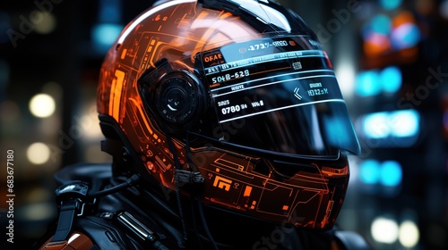 Futuristic Racing Driver in High-Tech Suit and Helmet, Engaged in a High-Speed Race with a Digital Dashboard Interface © DZMITRY