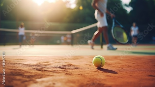 Tennis ball lies orange court. Yellow game ball close up while play match. Sport court background. Workout training field. Sporty outdoor stadium closeup. Mockup tournament. Empty space place for text © Ellionn