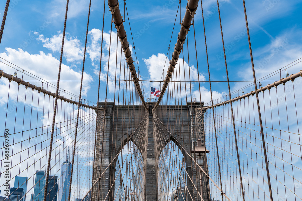 Fototapeta premium brooklyn bridge in new york. amazing scenery of brooklyn bridge over skyscrapers in metropolis. architecture of historic bridge in brooklyn. american architecture landmark. way to manhattan