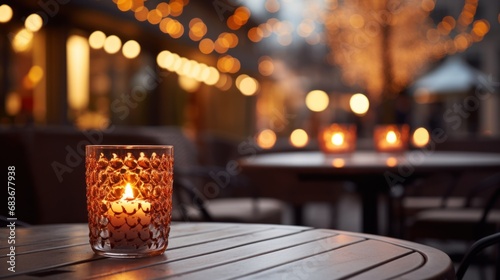 Candles lit at an outdoor table of a restaurant in winter. Cozy atmosphere. Selective focus. Bokeh.