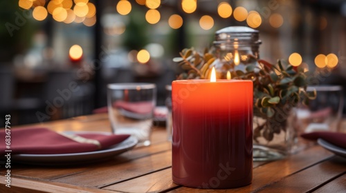 Candles lit at an outdoor table of a restaurant in winter. Cozy atmosphere. Selective focus. Bokeh.