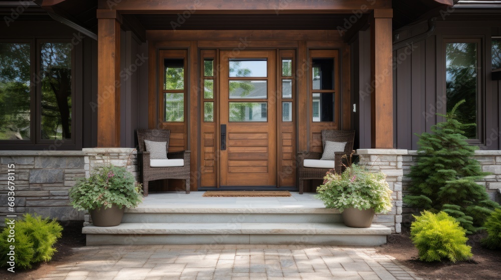 Main entrance door. Japanese, minimalist style exterior of villa in forest.