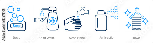 A set of 5 Hygiene icons as soap, hand wash, wash hand