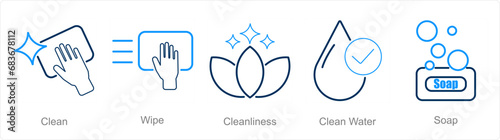A set of 5 Hygiene icons as clean, wipe, cleanliness