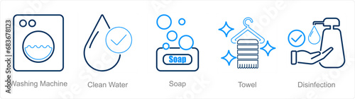 A set of 5 Hygiene icons as washing machine, clean water, soap