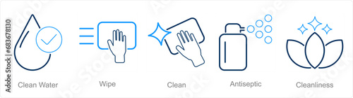 A set of 5 Hygiene icons as clean water, wipe, clean
