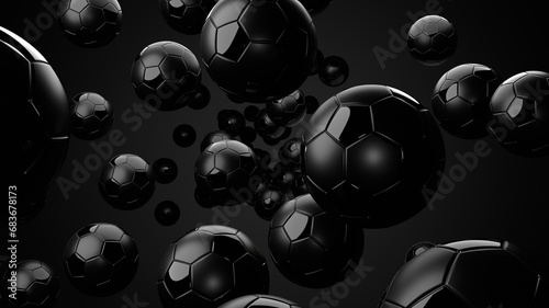 Black soccer balls on black background.
3d illustration.
