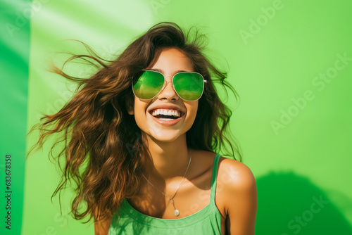 portrait of a woman wearing sunglasses with cheerful expressions on a green background 