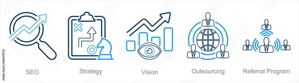 A set of 5 Increase Sale icons as seo, strategy, vision