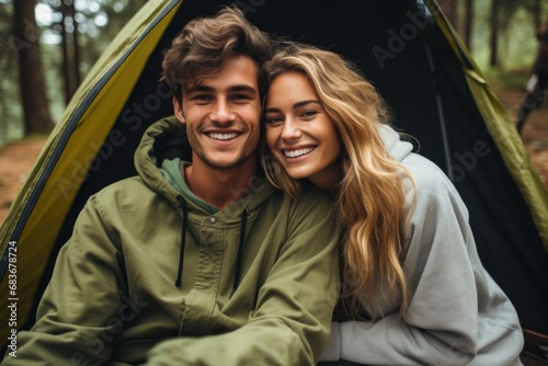 Happy young couple at forest camping close up high quality portrait photo, © suphakphen