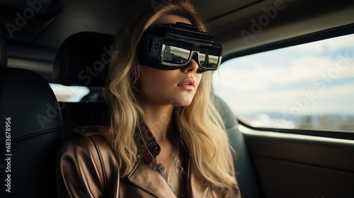 Smart young woman sitting in the back of a car wearing virtual reality glasses. photo
