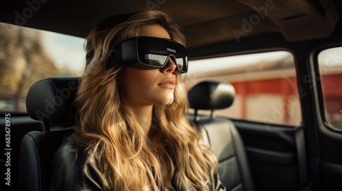 Smart young woman sitting in the back of a car wearing virtual reality glasses.