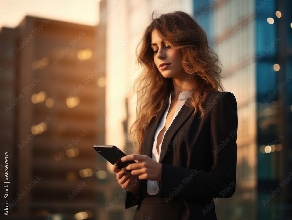 A young business lady uses a smartphone while in the business district of the city against the backdrop of high-rise buildings. Successful young woman, businesswoman. A young business lady uses a smartphone while in the business district of the city against the backdrop of high-rise buildings. Successful young woman, businesswoman.