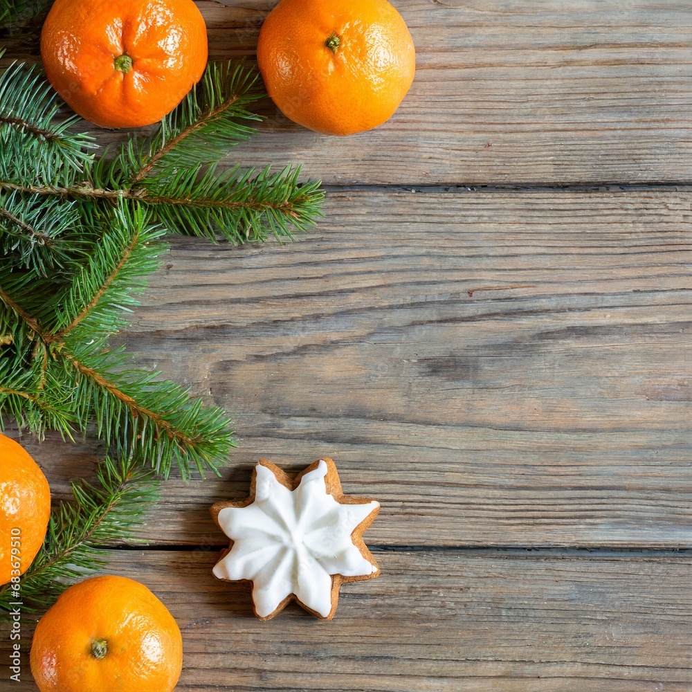 Mandarins fir branches background snow Gingerbread Christmas minimalism frame balls