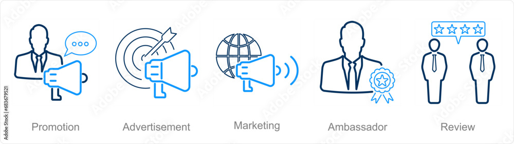 A set of 5 Influencer icons as promotion, advertisement, marketing A set of 5 Influencer icons as promotion, advertisement, marketing