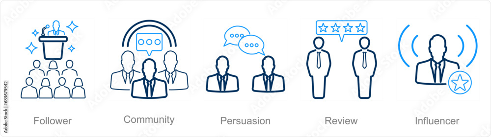 A set of 5 Influencer icons as follower, community, persuasion