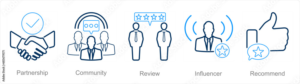 A set of 5 Influencer icons as partnership, community, review A set of 5 Influencer icons as partnership, community, review