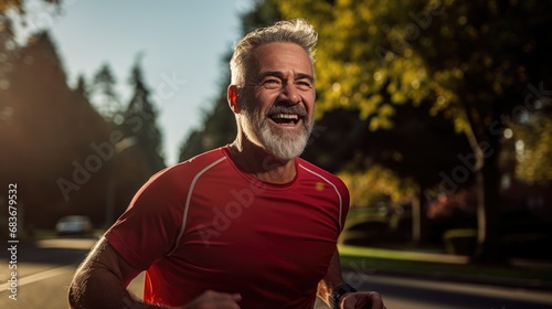 An elderly man leads an active lifestyle and goes jogging in nature. Healthy lifestyle. Happy old age and retirement.