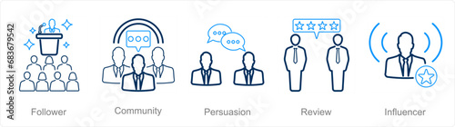 A set of 5 Influencer icons as follower, community, persuasion
