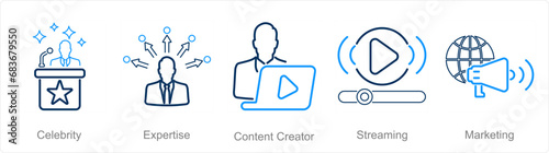 A set of 5 Influencer icons as celebrity, expertise, content creator