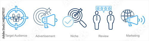 A set of 5 Influencer icons as target audience, advertisement, niche