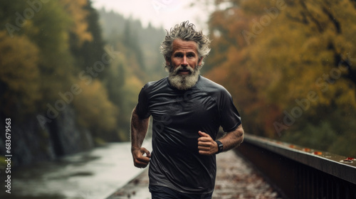 An elderly man leads an active lifestyle and goes jogging in nature. Healthy lifestyle. Happy old age and retirement. photo