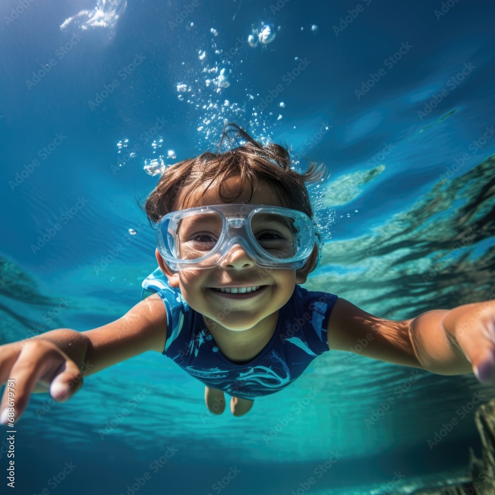 Snorkeling child diving in clear blue ocean water and enjoying underwater with snorkel, diving mask. Swimming, adventure in summer vacation