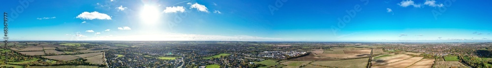 Aerial Ultra Wide Panoramic View of Countryside Landscape and Agricultural Farms of Letchworth Garden City of England UK