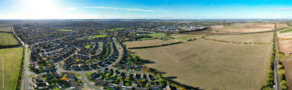 Aerial Ultra Wide Panoramic View of Countryside Landscape and Agricultural Farms of Letchworth Garden City of England UK