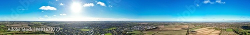 Aerial Ultra Wide Panoramic View of Countryside Landscape and Agricultural Farms of Letchworth Garden City of England UK