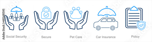 A set of 5 Insurance icons as social security, secure, pet care