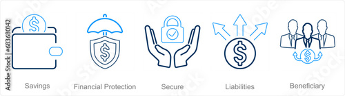 A set of 5 Insurance icons as savings, financial protection, secure