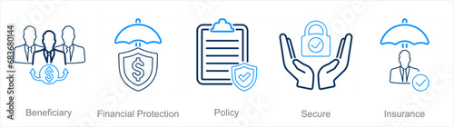 A set of 5 Insurance icons as beneficiary, financial protection, policy