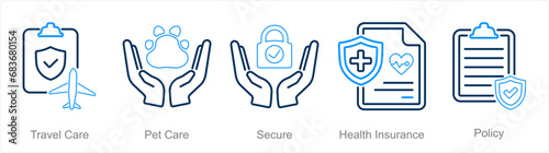 A set of 5 Insurance icons as travel care, pet care, secure