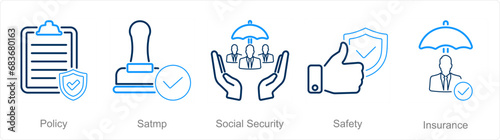 A set of 5 Insurance icons as policy, stamp, social security