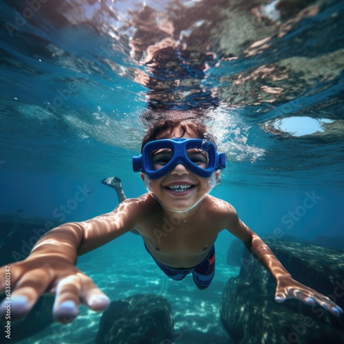 Snorkeling child diving in clear blue ocean water with beautiful coral and fish. Exploring and enjoying underwater with snorkel, diving mask. Swimming, adventure in summer vacation