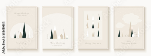 Set of Christmas Greeting cards with abstract triangle fir-trees in minimalist flat style. Vector illustration templates for invitations and posters.