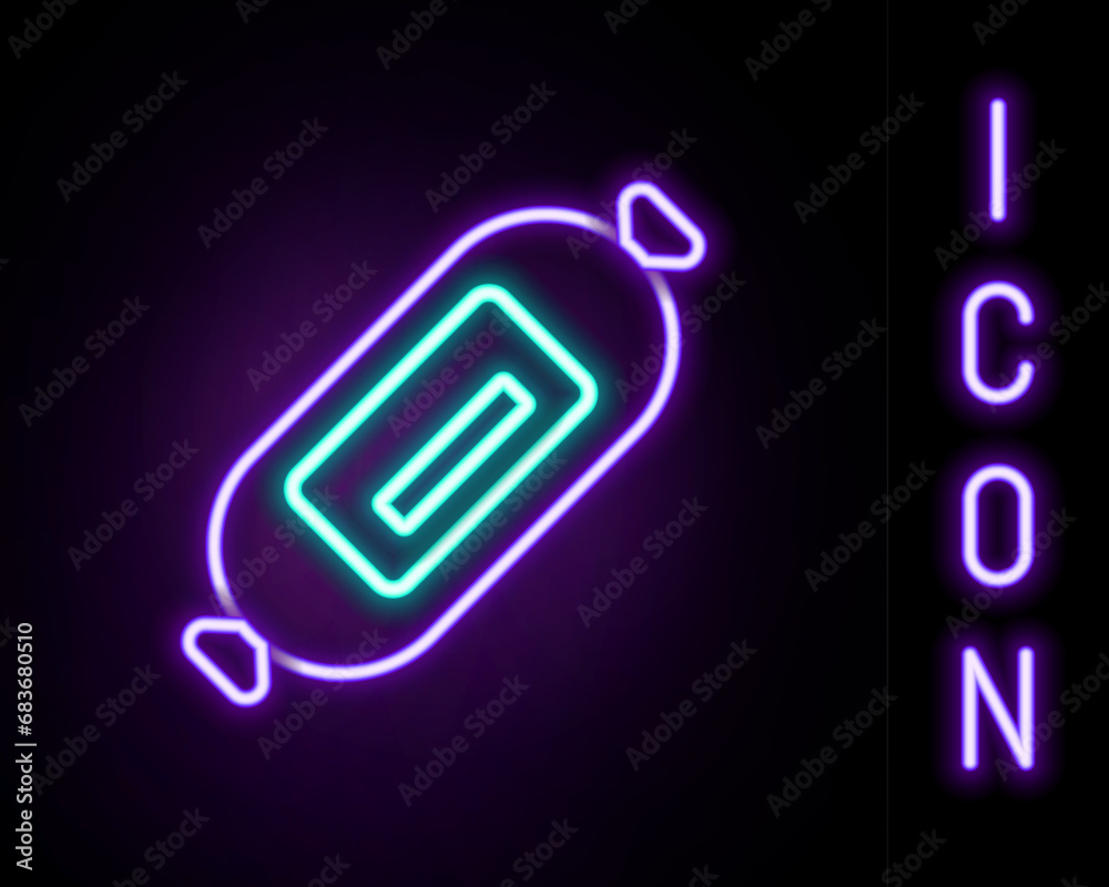 Glowing neon line Salami sausage icon isolated on black background. Meat delicatessen product. Colorful outline concept. Vector Glowing neon line Salami sausage icon isolated on black background. Meat delicatessen product. Colorful outline concept. Vector