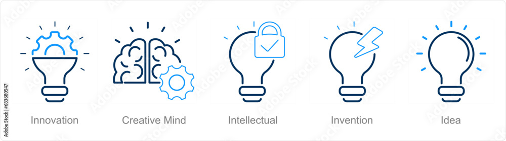 A set of 5 Intellectual Property icons as innovation, creative mind, intellectual A set of 5 Intellectual Property icons as innovation, creative mind, intellectual