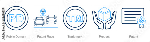 A set of 5 Intellectual Property icons as public domain, patent race, trademark
