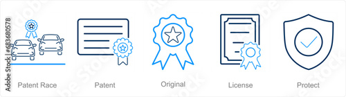 A set of 5 Intellectual Property icons as patent race, patent, original photo